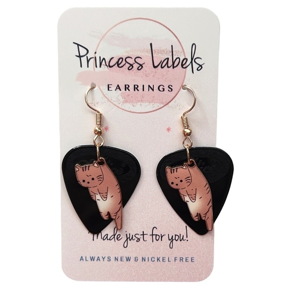 Hand Crafted Earrings Repurposed Black Alice Nylon Guitar Picks Tabby Cat - Picture 4 of 8